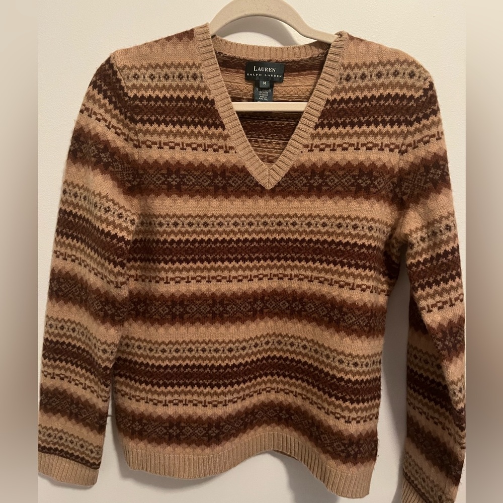 Lauren Ralph Lauren Womens Size M 100% lambswool V-Neck Brown Sweater